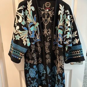 Johnny Was Black and Turquoise Embroidered Cardigan